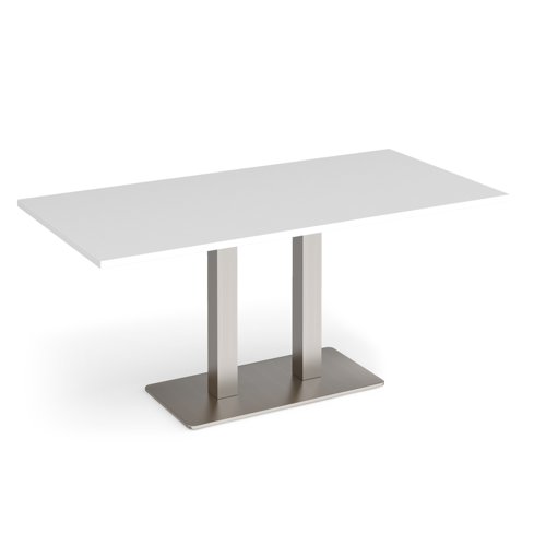 Eros rectangular dining table with flat brushed steel rectangular base and twin uprights 1600mm x 800mm - white