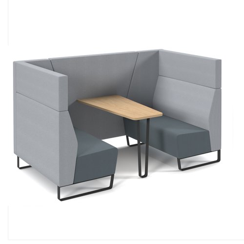 Encore open high back 4 person meeting booth with kendal oak table and black sled frame - elapse grey seats with late grey backs and infill panel