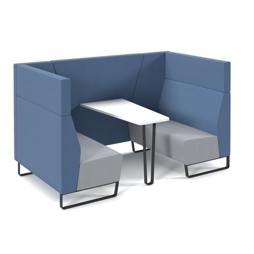 Encore open high back 4 person meeting booth with white table and black sled frame - late grey seats with range blue backs and infill panel