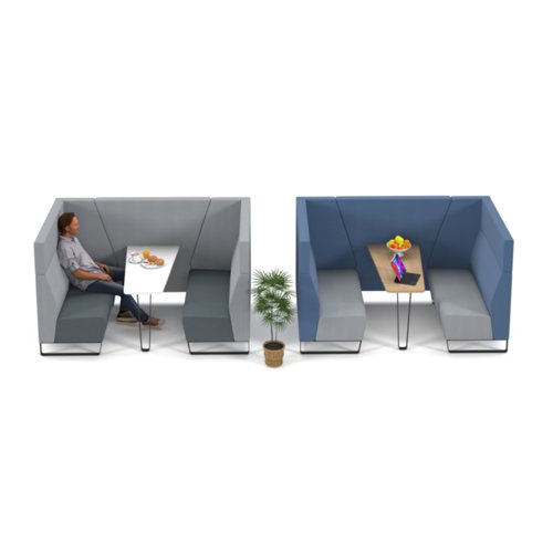 ENCOP-POD04-MF-KO-EG-LG Encore open high back 4 person meeting booth with kendal oak table and black sled frame - elapse grey seats with late grey backs and infill panel