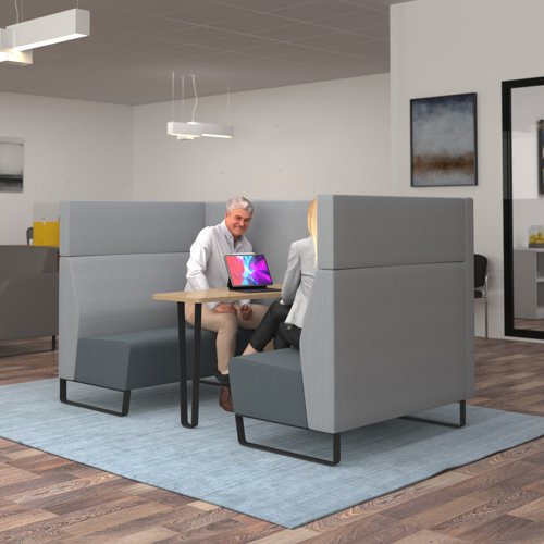 Encore open high back 4 person meeting booth with kendal oak table and black sled frame - elapse grey seats with late grey backs and infill panel ENCOP-POD04-MF-KO-EG-LG Buy online at Office 5Star or contact us Tel 01594 810081 for assistance