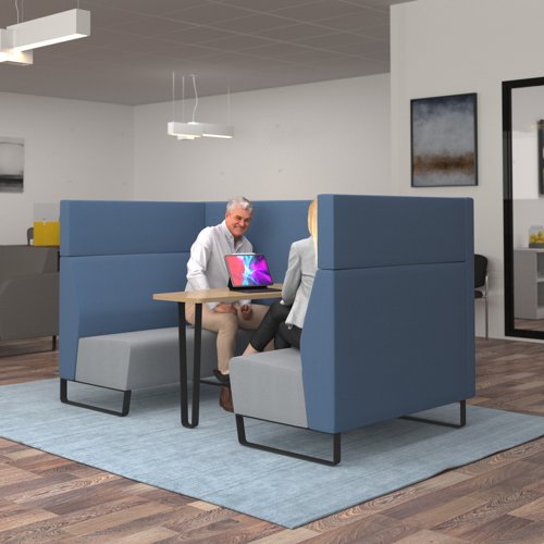 ENCOP-POD04-MF-KO-LG-RB Encore open high back 4 person meeting booth with kendal oak table and black sled frame - late grey seats with range blue backs and infill panel