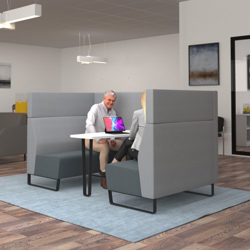 ENCOP-POD04-MF-WH-EG-LG Encore open high back 4 person meeting booth with white table and black sled frame - elapse grey seats with late grey backs and infill panel