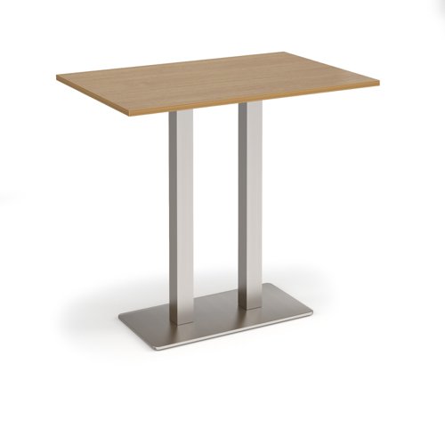 Eros rectangular poseur table with flat brushed steel rectangular base and twin uprights 1200mm x 800mm - oak