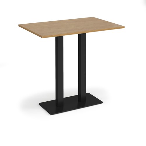 Eros rectangular poseur table with flat black rectangular base and twin uprights 1200mm x 800mm - oak
