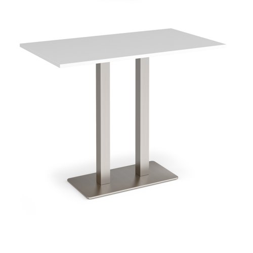Eros rectangular poseur table with flat brushed steel rectangular base and twin uprights 1400mm x 800mm - white