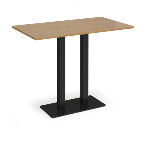 Eros rectangular poseur table with flat black rectangular base and twin uprights 1400mm x 800mm - oak