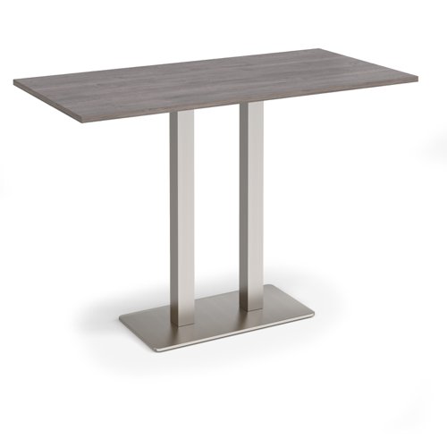 Eros rectangular poseur table with flat brushed steel rectangular base and twin uprights 1600mm x 800mm - grey oak
