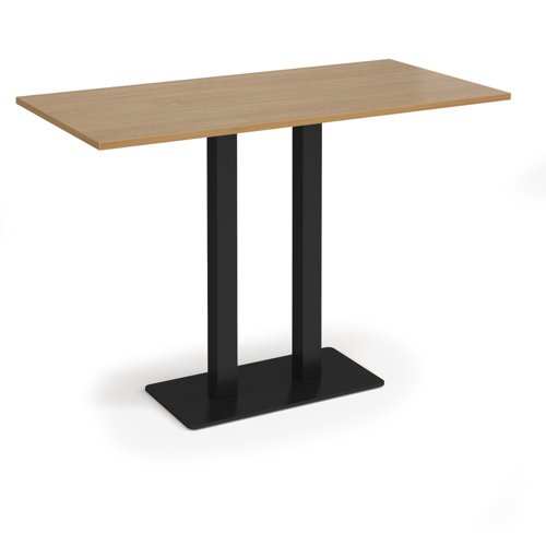 Eros rectangular poseur table with flat black rectangular base and twin uprights 1600mm x 800mm - oak