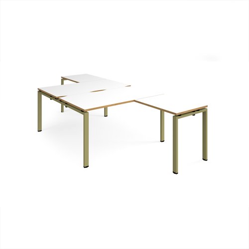 Adapt back to back desks 1400mm x 1600mm with 800mm return desks - green frame, white top, oak edge