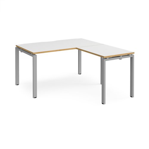 Adapt desk 1400mm x 800mm with 800mm return desk - silver frame, white top with oak edge