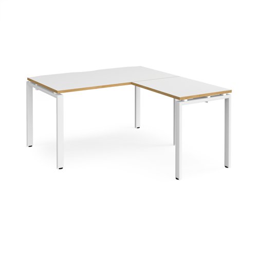 Adapt desk 1400mm x 800mm with 800mm return desk - white frame, white top with oak edge