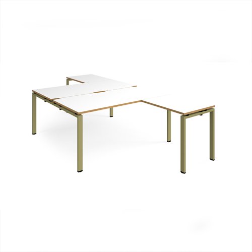 Adapt back to back desks 1600mm x 1600mm with 800mm return desks - green frame, white top, oak edge