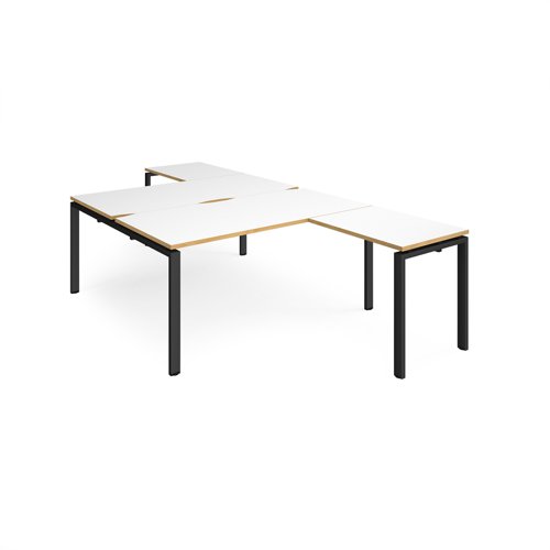 Adapt back to back desks 1600mm x 1600mm with 800mm return desks - black frame, white top with oak edge