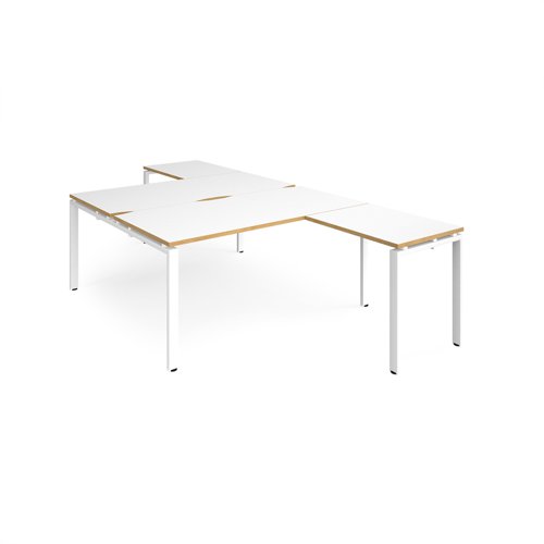 Adapt back to back desks 1600mm x 1600mm with 800mm return desks - white frame, white top with oak edge