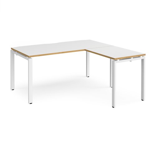 Adapt desk 1600mm x 800mm with 800mm return desk - white frame, white top with oak edge