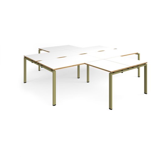 Adapt back to back 4 desk cluster 2800mm x 1600mm with 800mm return desks - green frame, white top, oak edge