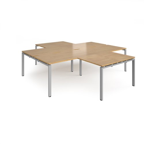 Adapt back to back 4 desk cluster 2800mm x 1600mm with 800mm return desks - silver frame, oak top