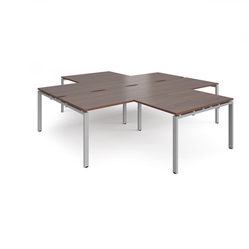Adapt back to back 4 desk cluster 2800mm x 1600mm with 800mm return desks - silver frame, walnut top