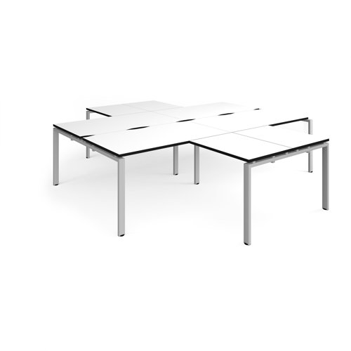Adapt back to back 4 desk cluster 2800mm x 1600mm with 800mm return desks - silver frame, white top, black edge