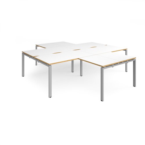 Adapt back to back 4 desk cluster 2800mm x 1600mm with 800mm return desks - silver frame, white top with oak edge