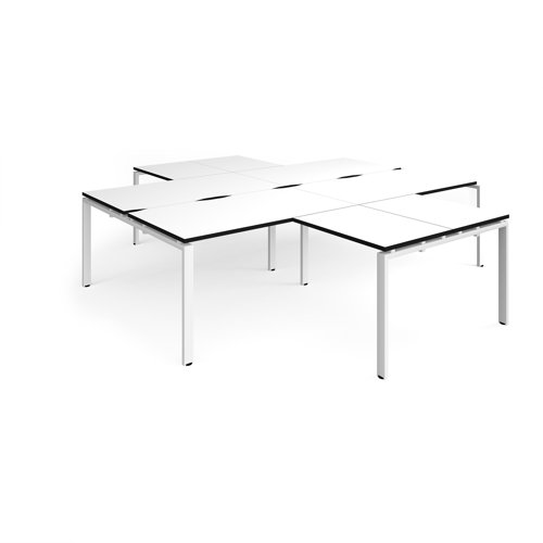 Adapt back to back 4 desk cluster 2800mm x 1600mm with 800mm return desks - white frame, white top, black edge