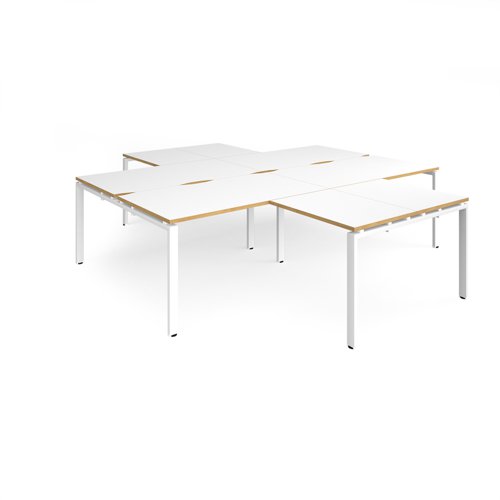 Adapt back to back 4 desk cluster 2800mm x 1600mm with 800mm return desks - white frame, white top with oak edge