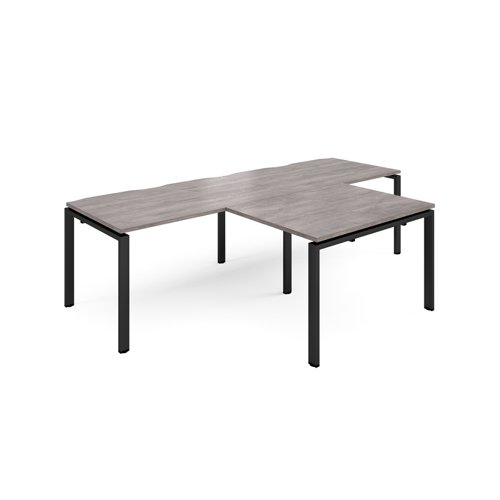 Adapt double straight desks 2800mm x 800mm with 800mm return desks - black frame, grey oak top