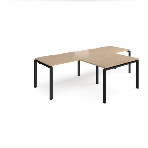 Adapt double straight desks 2800mm x 800mm with 800mm return desks - black frame, kendal oak top