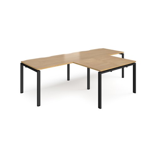 Adapt double straight desks 2800mm x 800mm with 800mm return desks - black frame, oak top