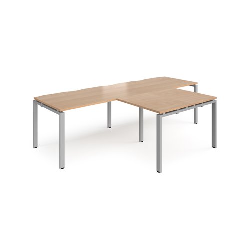 Adapt double straight desks 2800mm x 800mm with 800mm return desks - silver frame, beech top