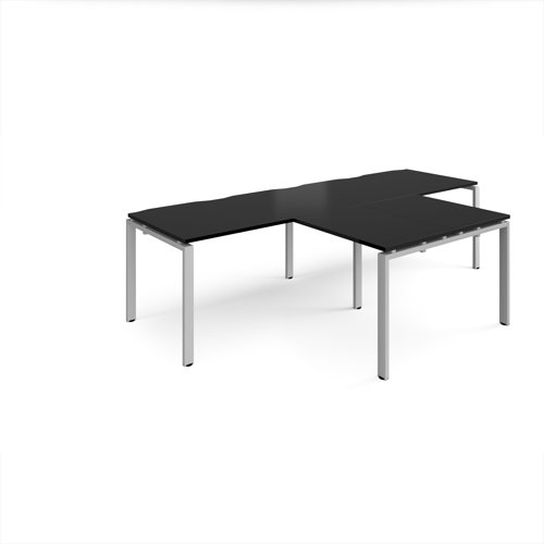 Adapt double straight desks 2800mm x 800mm with 800mm return desks - silver frame, black top