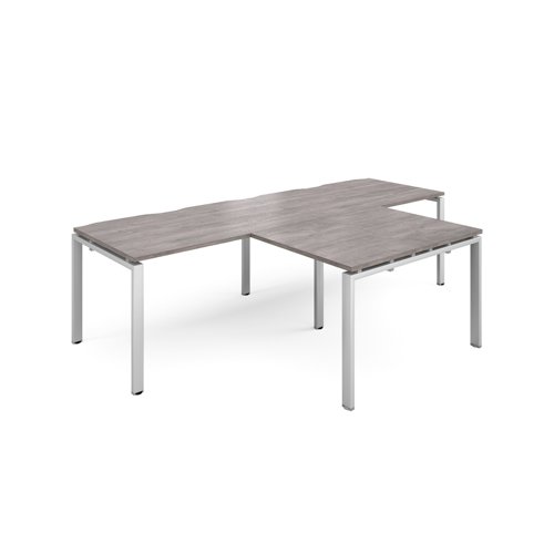 Adapt double straight desks 2800mm x 800mm with 800mm return desks - silver frame, grey oak top