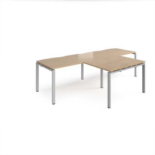 Adapt double straight desks 2800mm x 800mm with 800mm return desks - silver frame, kendal oak top