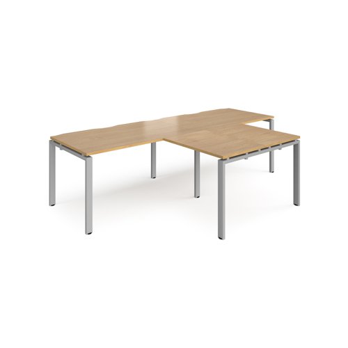 Adapt double straight desks 2800mm x 800mm with 800mm return desks - silver frame, oak top