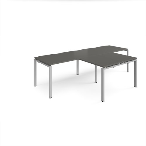 Adapt double straight desks 2800mm x 800mm with 800mm return desks - silver frame, onyx grey top