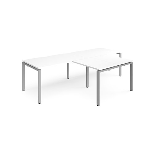 Adapt double straight desks 2800mm x 800mm with 800mm return desks - silver frame, white top