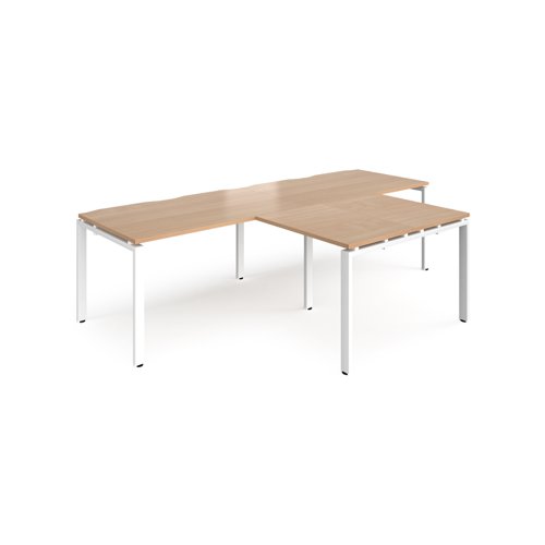 Adapt double straight desks 2800mm x 800mm with 800mm return desks - white frame, beech top