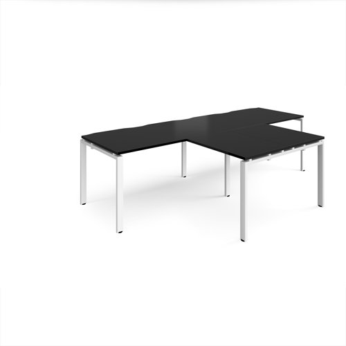 Adapt double straight desks 2800mm x 800mm with 800mm return desks - white frame, black top
