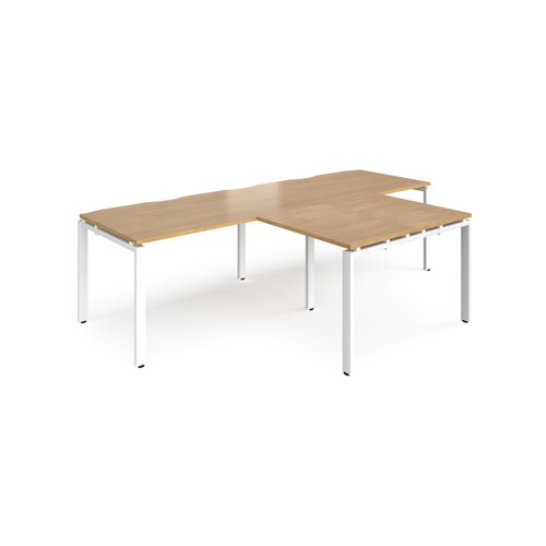 Adapt double straight desks 2800mm x 800mm with 800mm return desks - white frame, oak top