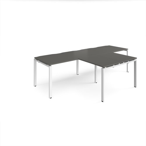 Adapt double straight desks 2800mm x 800mm with 800mm return desks - white frame, onyx grey top