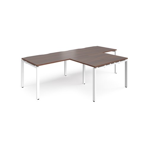 Adapt double straight desks 2800mm x 800mm with 800mm return desks - white frame, walnut top