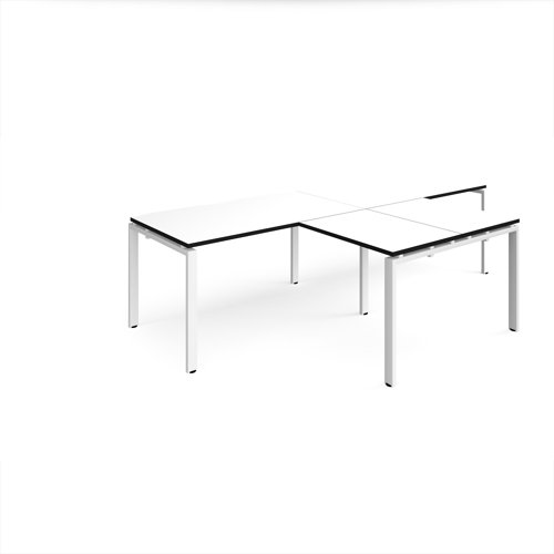 Adapt double straight desks 2800mm x 800mm with 800mm return desks - white frame, white top with black edge