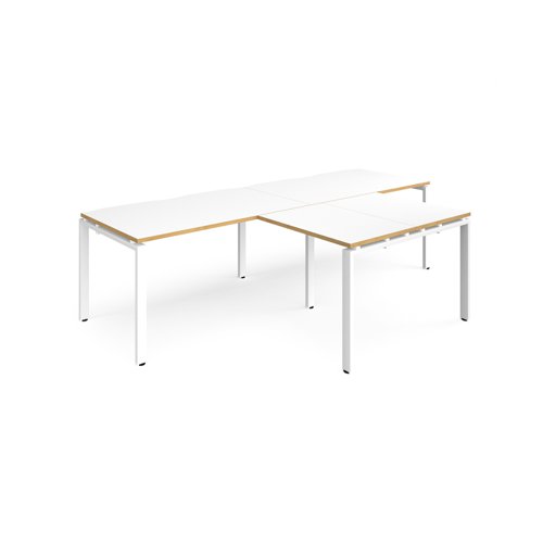 Adapt double straight desks 2800mm x 800mm with 800mm return desks - white frame, white top with oak edge