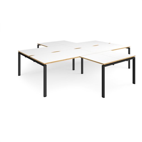 Adapt back to back 4 desk cluster 3200mm x 1600mm with 800mm return desks - black frame, white top with oak edge