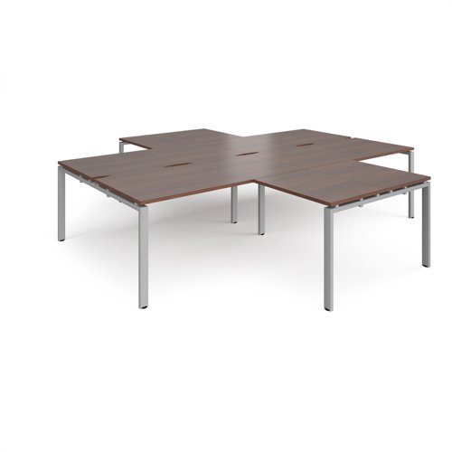 Adapt back to back 4 desk cluster 3200mm x 1600mm with 800mm return desks - silver frame, walnut top