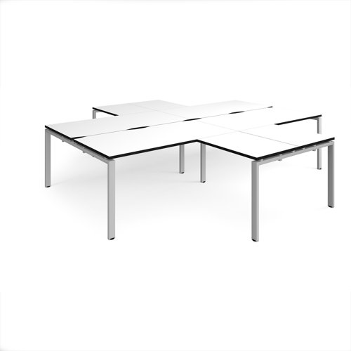 Adapt back to back 4 desk cluster 3200mm x 1600mm with 800mm return desks - silver frame, white top, black edge
