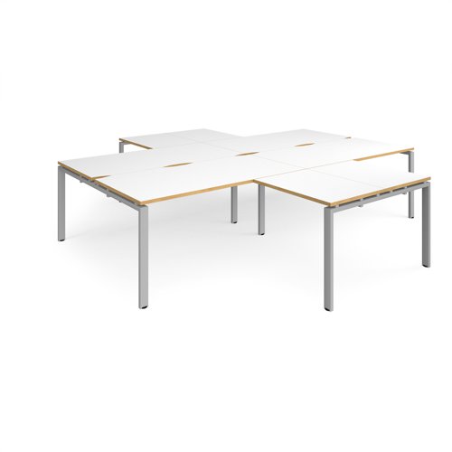 Adapt back to back 4 desk cluster 3200mm x 1600mm with 800mm return desks - silver frame, white top with oak edge