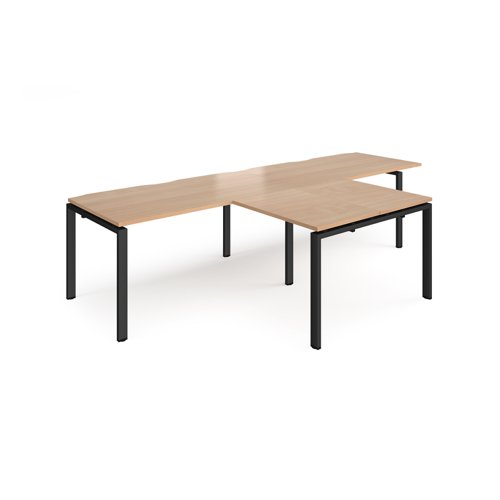 Adapt double straight desks 3200mm x 800mm with 800mm return desks - black frame, beech top