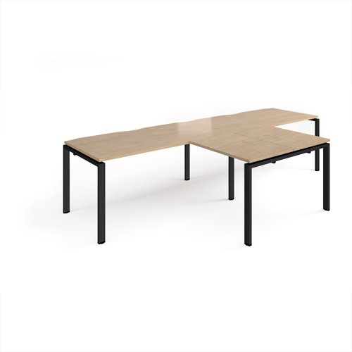 Adapt double straight desks 3200mm x 800mm with 800mm return desks - black frame, kendal oak top